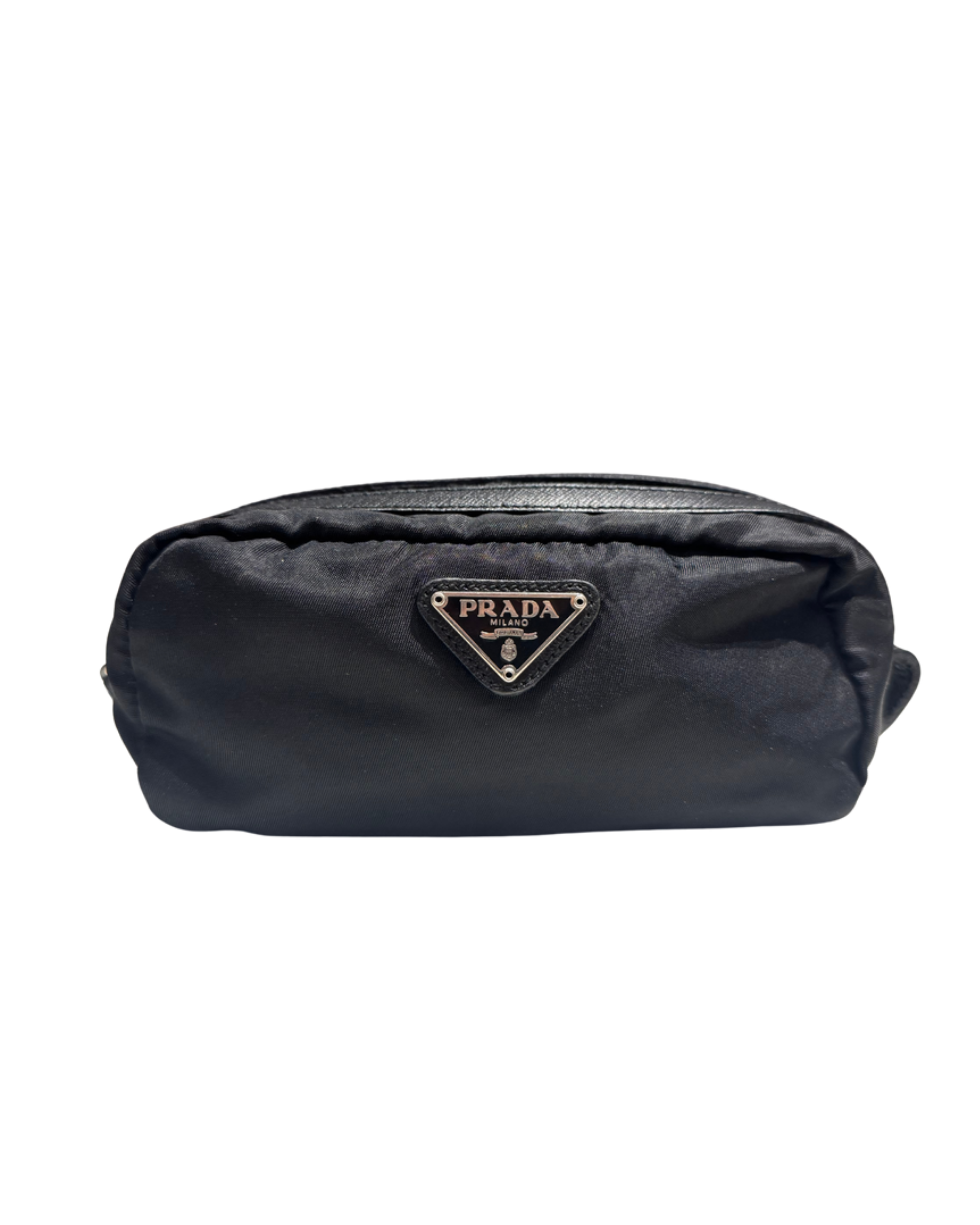 Pouch Prada nera con logo triangolare